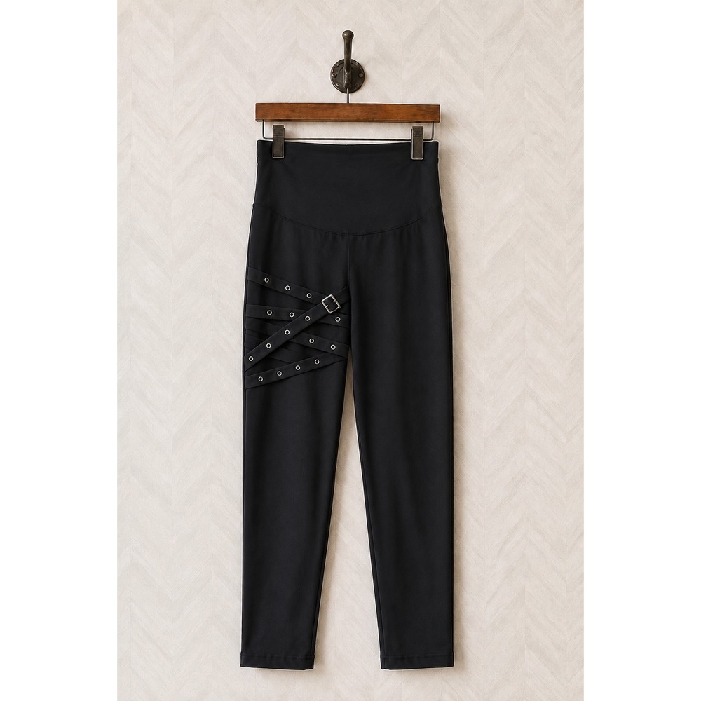 Halara‎ All Day Stretch High Waisted Crossover Buckle Mesh Leggings Black NWOT